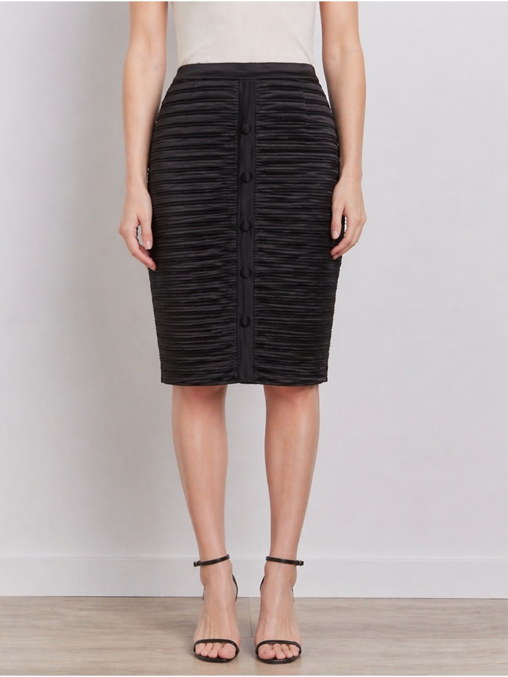 Auth Vintage Dior Boutique Black satin pleated pencil skirt  button front XS 0 2